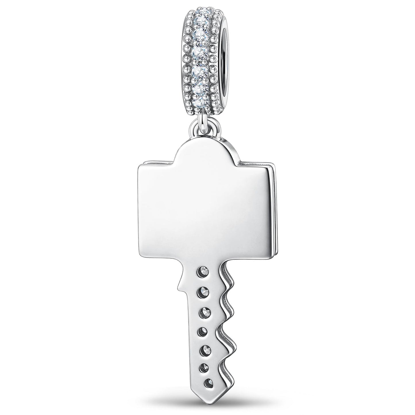 Personalized Engravable Emerald Solitaire Key Tarnish-Resistant Silver Charm In White Gold Plated