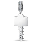 Personalized Engravable Emerald Solitaire Key Tarnish-Resistant Silver Charm In White Gold Plated