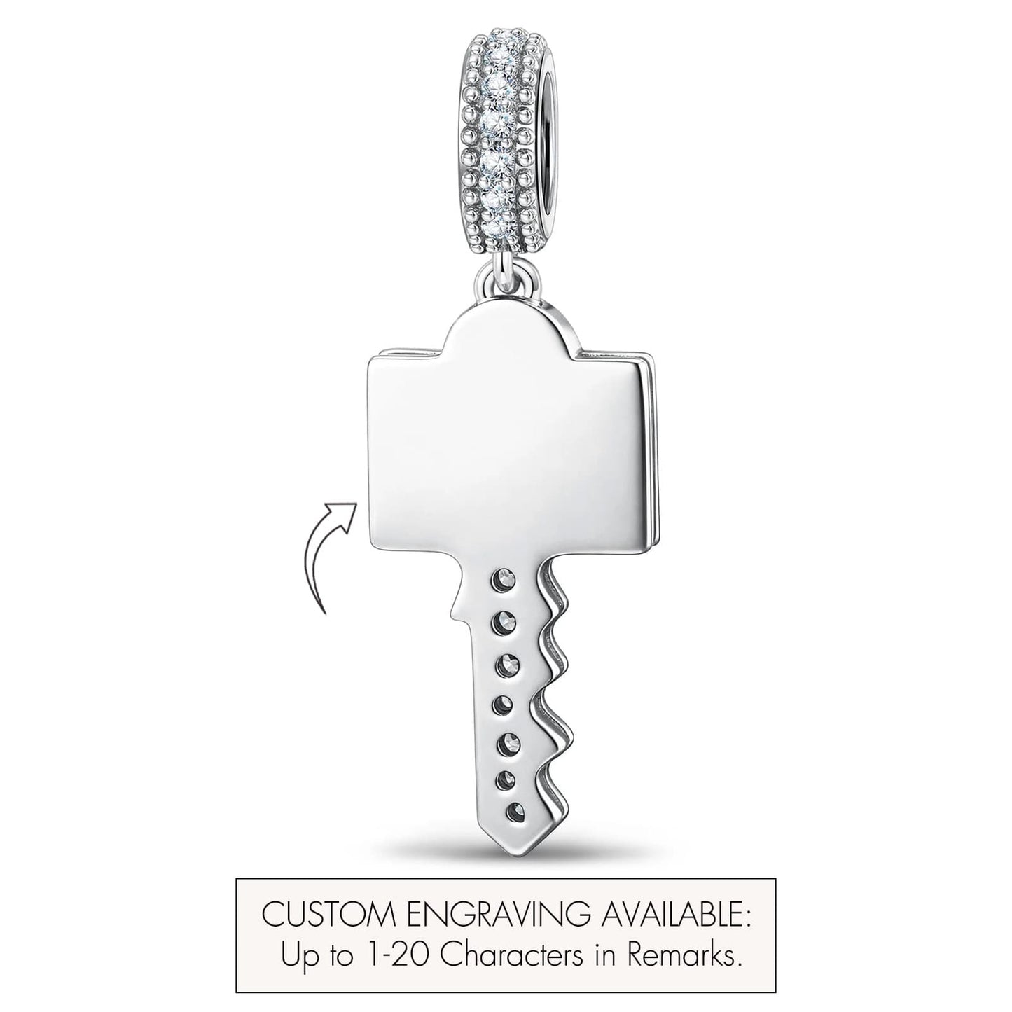 Personalized Engravable Emerald Solitaire Key Tarnish-Resistant Silver Charm In White Gold Plated