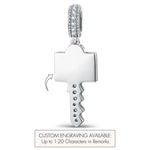 Personalized Engravable Emerald Solitaire Key Tarnish-Resistant Silver Charm In White Gold Plated