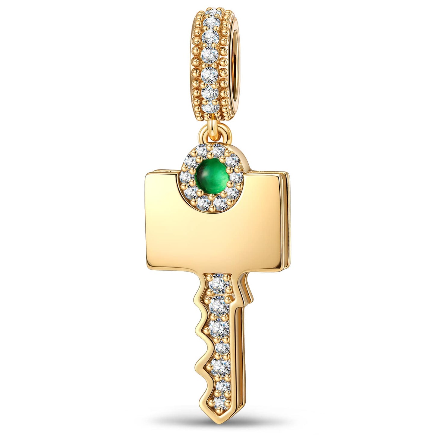 Personalized Engravable Emerald Solitaire Key Tarnish-Resistant Silver Charm In 14K Gold Plated