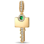 Personalized Engravable Emerald Solitaire Key Tarnish-Resistant Silver Charm In 14K Gold Plated
