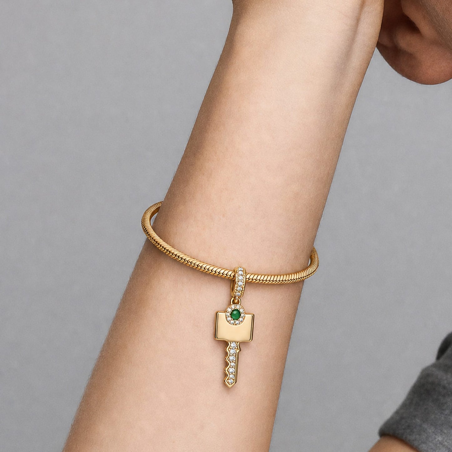 Personalized Engravable Emerald Solitaire Key Tarnish-Resistant Silver Charm In 14K Gold Plated