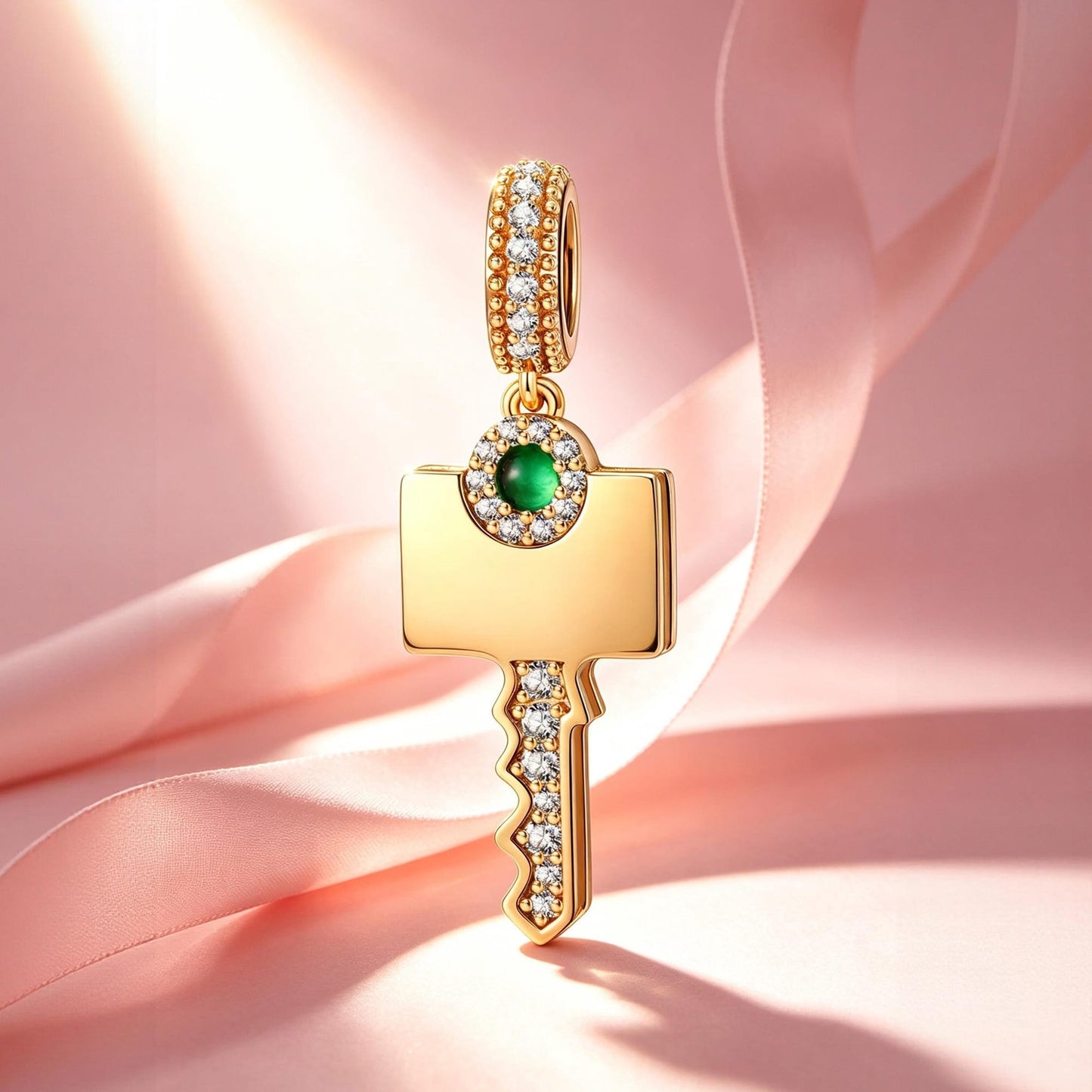Personalized Engravable Emerald Solitaire Key Tarnish-Resistant Silver Charm In 14K Gold Plated