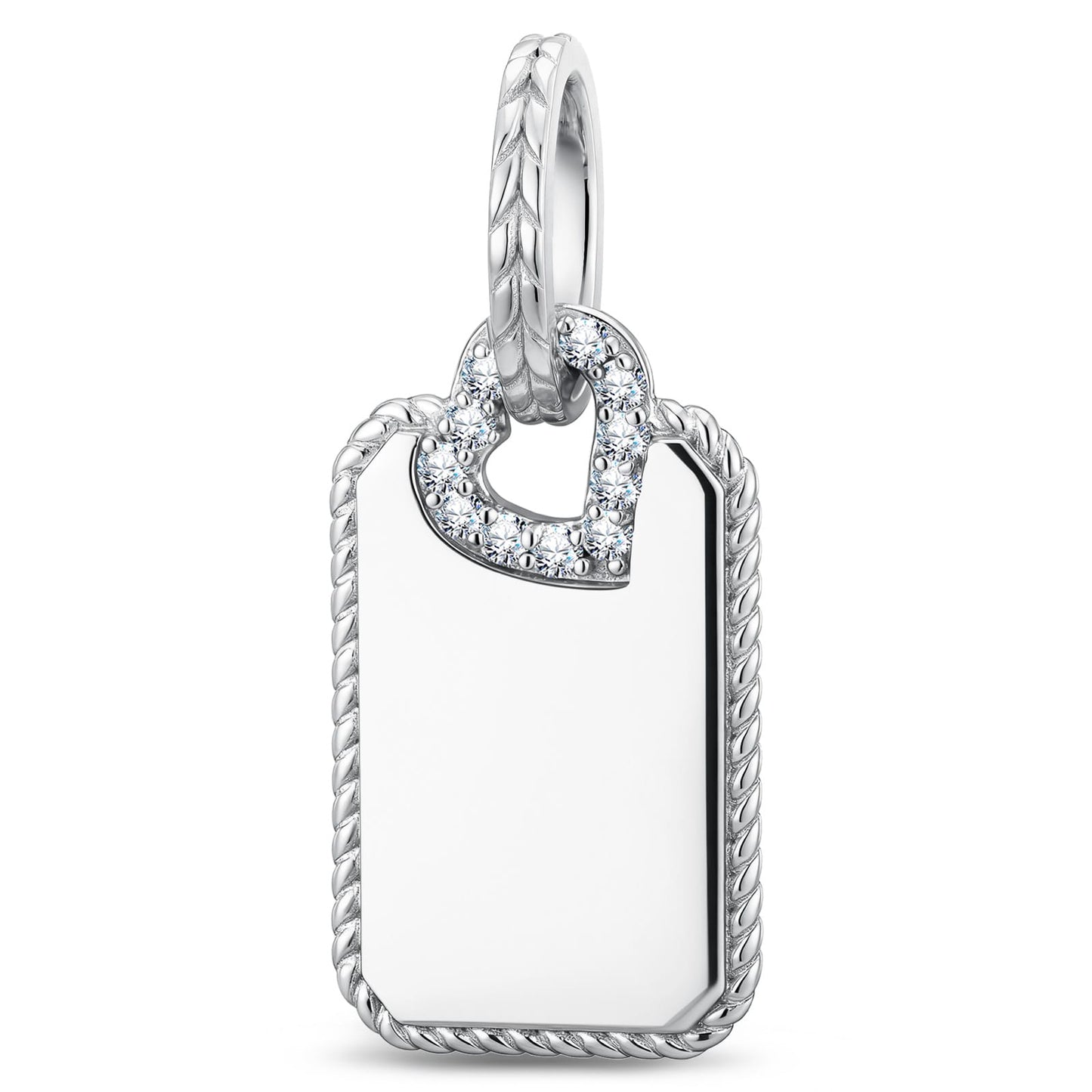 Personalized Engravable Polished Milgrain Tag Tarnish-Resistant Silver Charm In White Gold Plated
