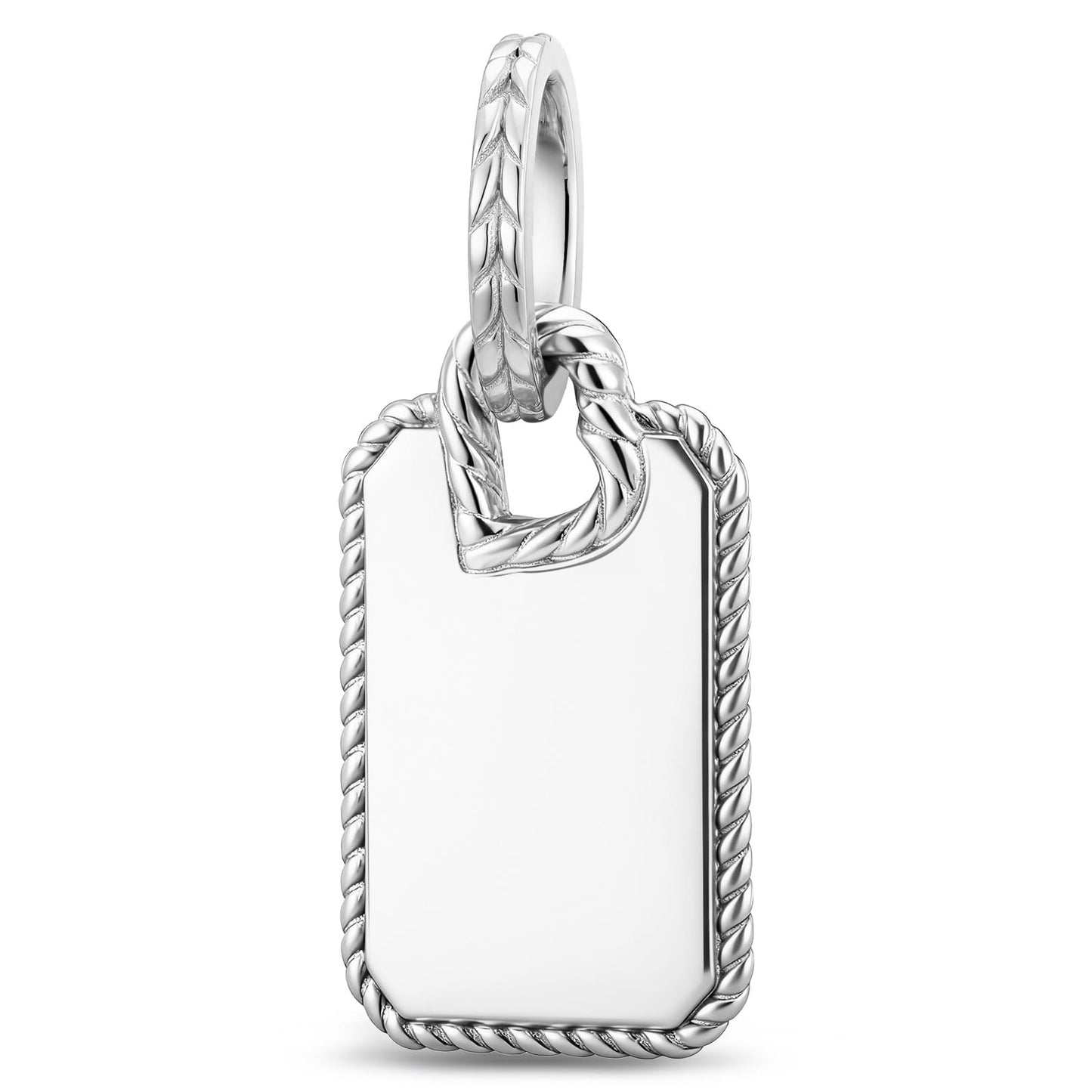 Personalized Engravable Polished Milgrain Tag Tarnish-Resistant Silver Charm In White Gold Plated