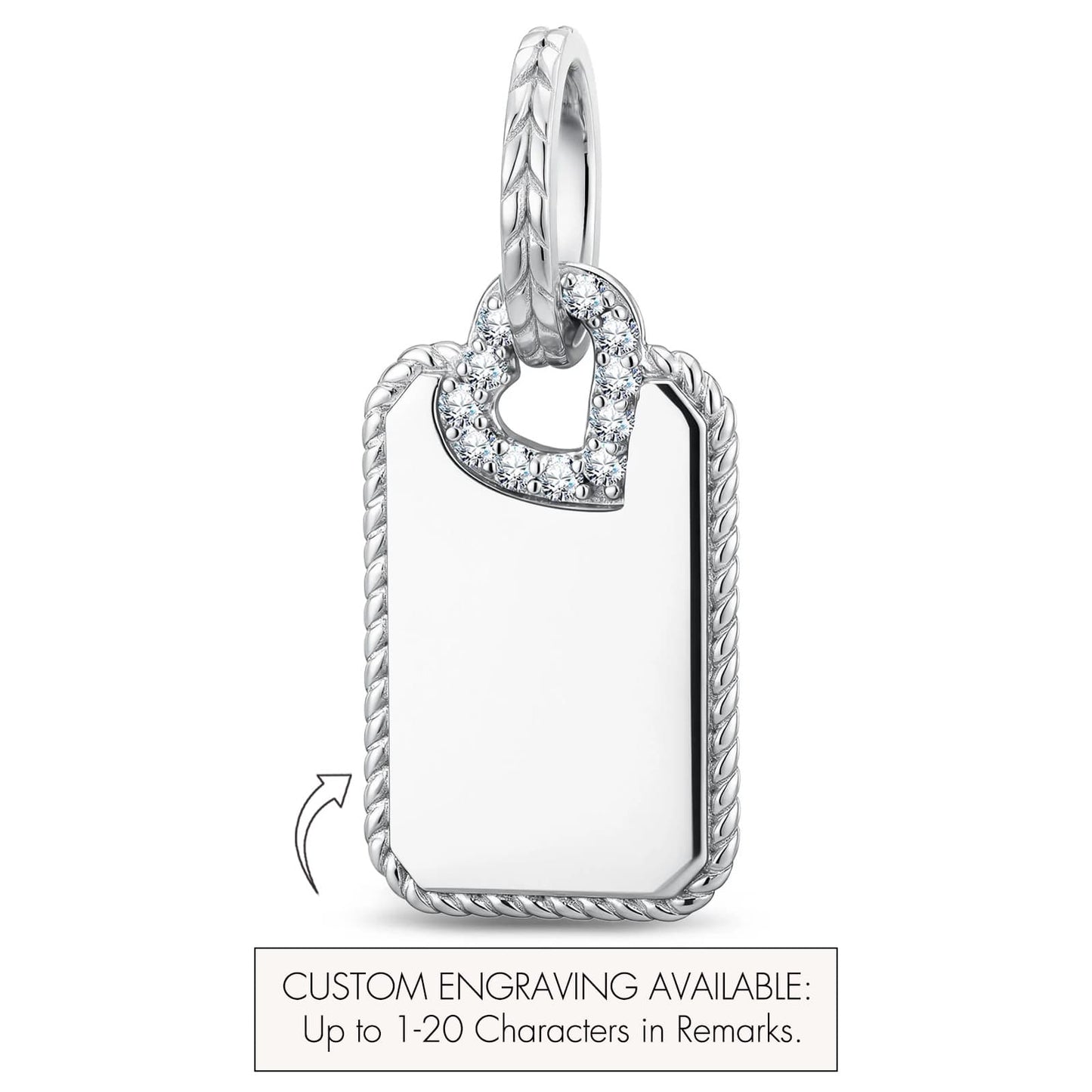 Personalized Engravable Polished Milgrain Tag Tarnish-Resistant Silver Charm In White Gold Plated