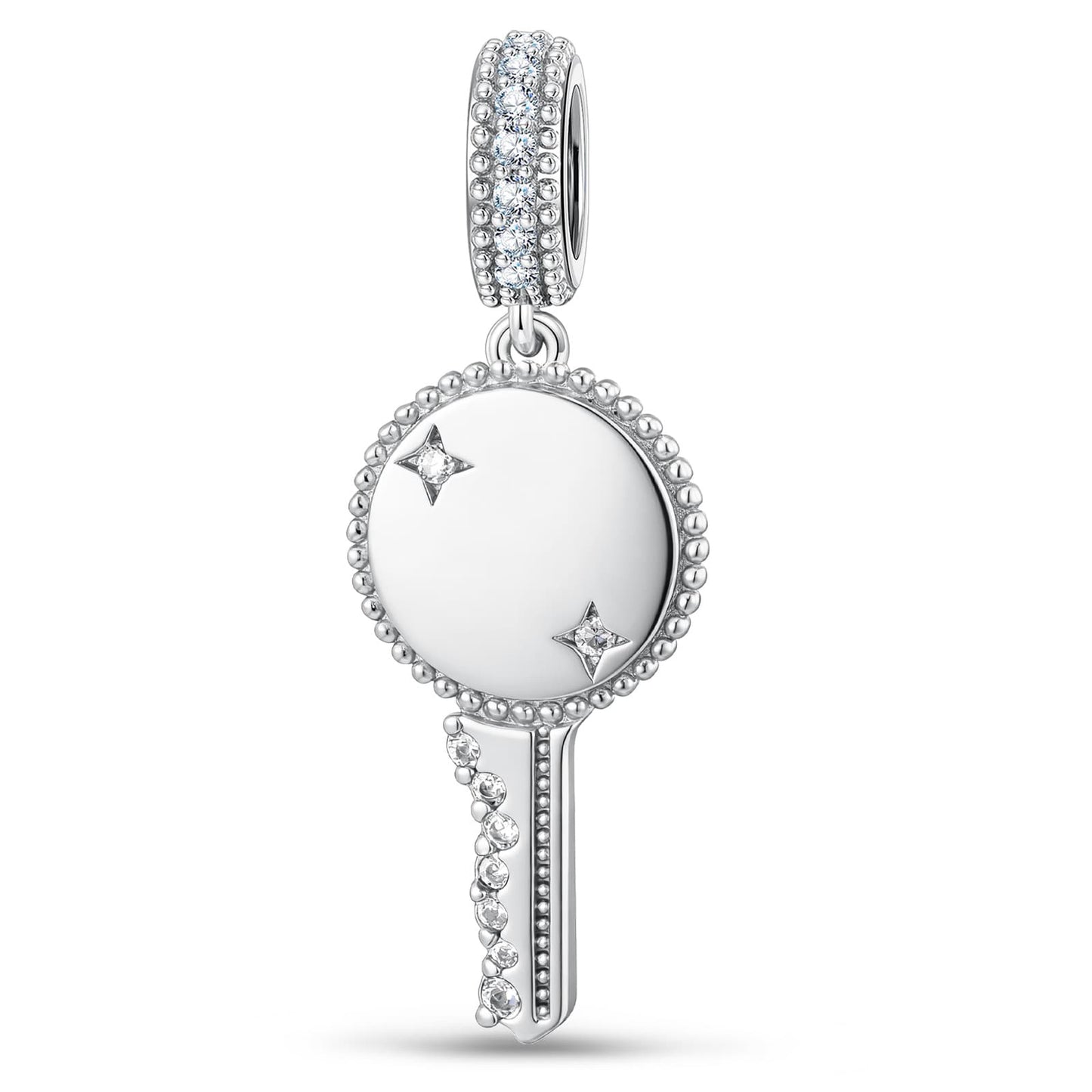 Personalized Engravable Pavé Minimal Key Tarnish-Resistant Silver Charm In White Gold Plated