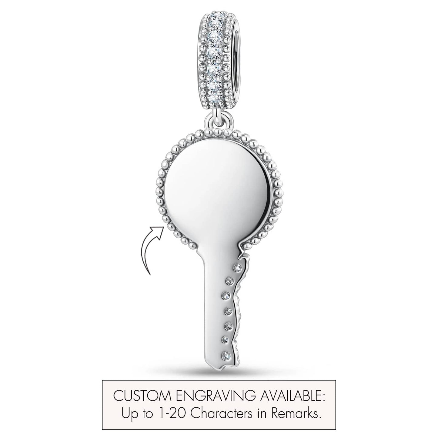Personalized Engravable Pavé Minimal Key Tarnish-Resistant Silver Charm In White Gold Plated