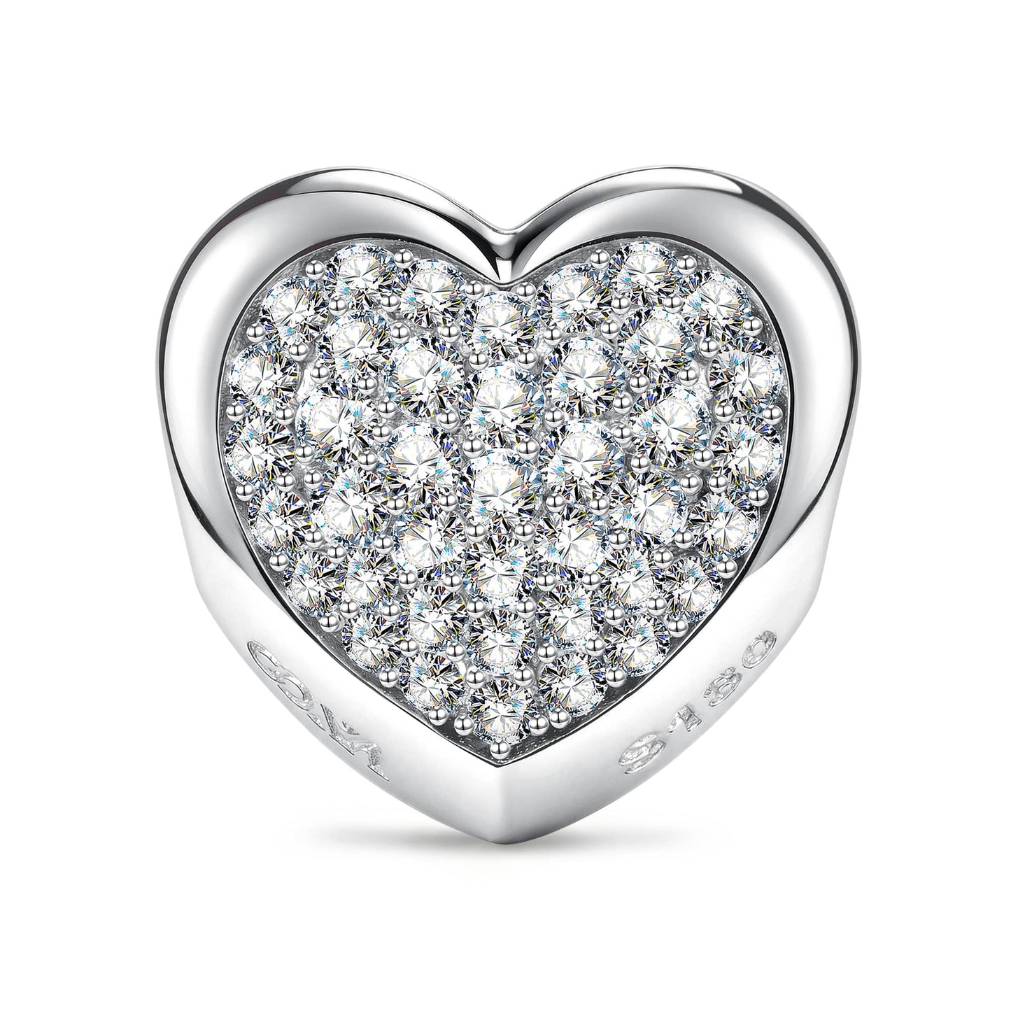 Engravable Full Pave Heart Clips Charm, Tarnish-Resistant Silver In White Gold Plated Heart Bead with Custom Engraving