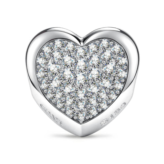 gona- Engravable Full Pave Heart Clips Charm, Tarnish-Resistant Silver In White Gold Plated Heart Bead with Custom Engraving