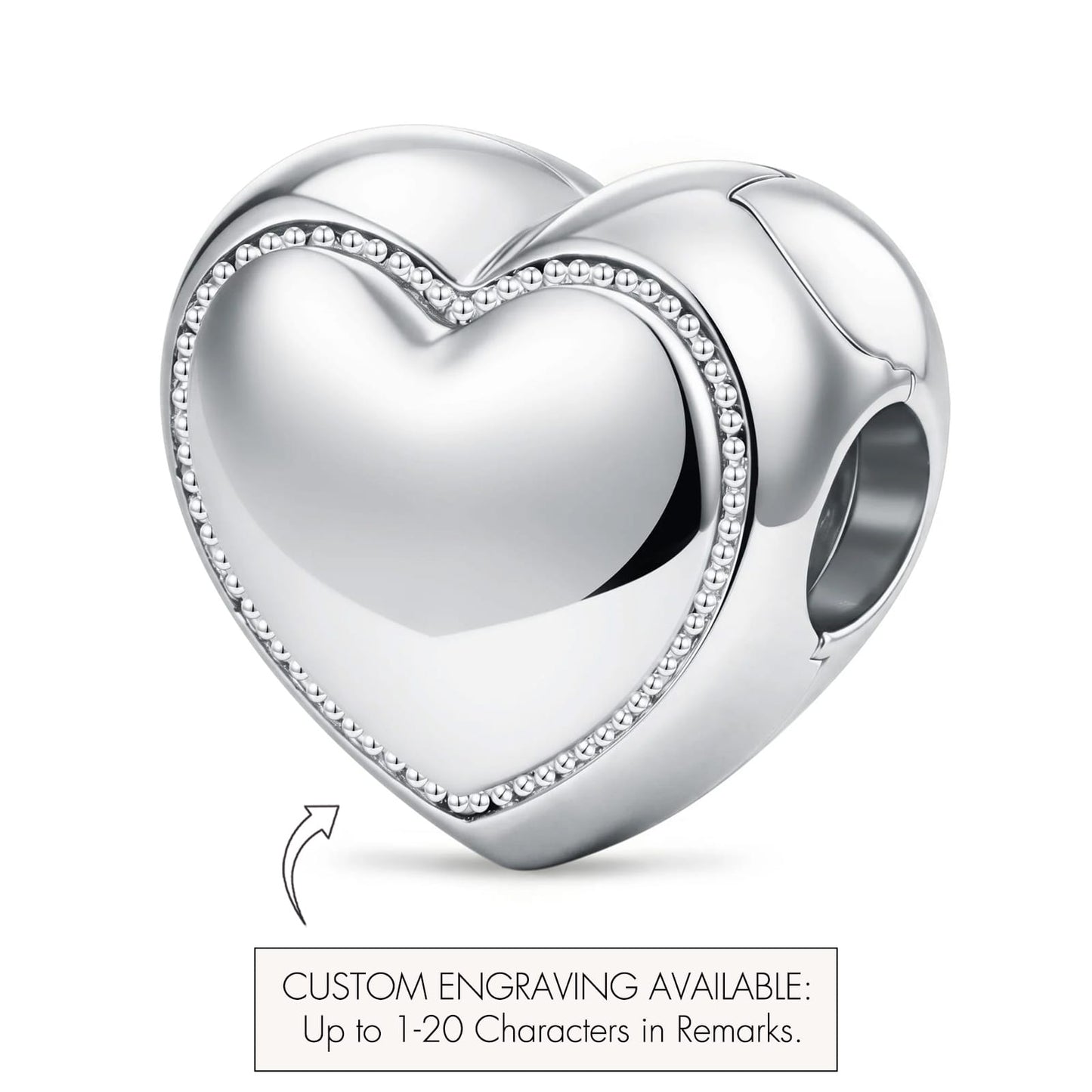 Engravable Full Pave Heart Clips Charm, Tarnish-Resistant Silver In White Gold Plated Heart Bead with Custom Engraving