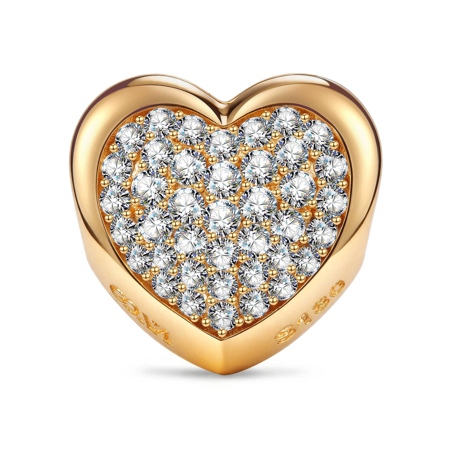 Engravable Full Pave Heart Clips Charm, Tarnish-Resistant Silver In 14K Gold Plated Heart Bead with Custom Engraving
