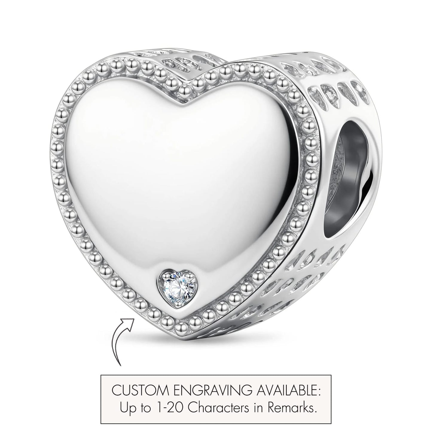 Personalized Engravable Heart Tarnish-Resistant Silver Charm In White Gold Plated