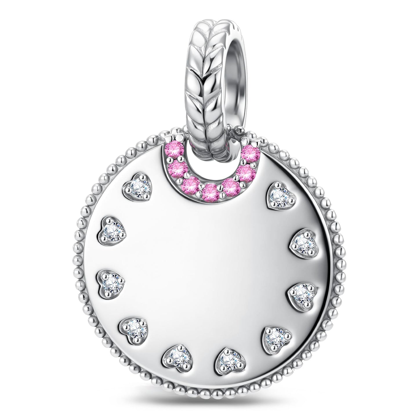 Personalized Engravable Pink Halo Medallion Tarnish-Resistant Silver Charm In White Gold Plated