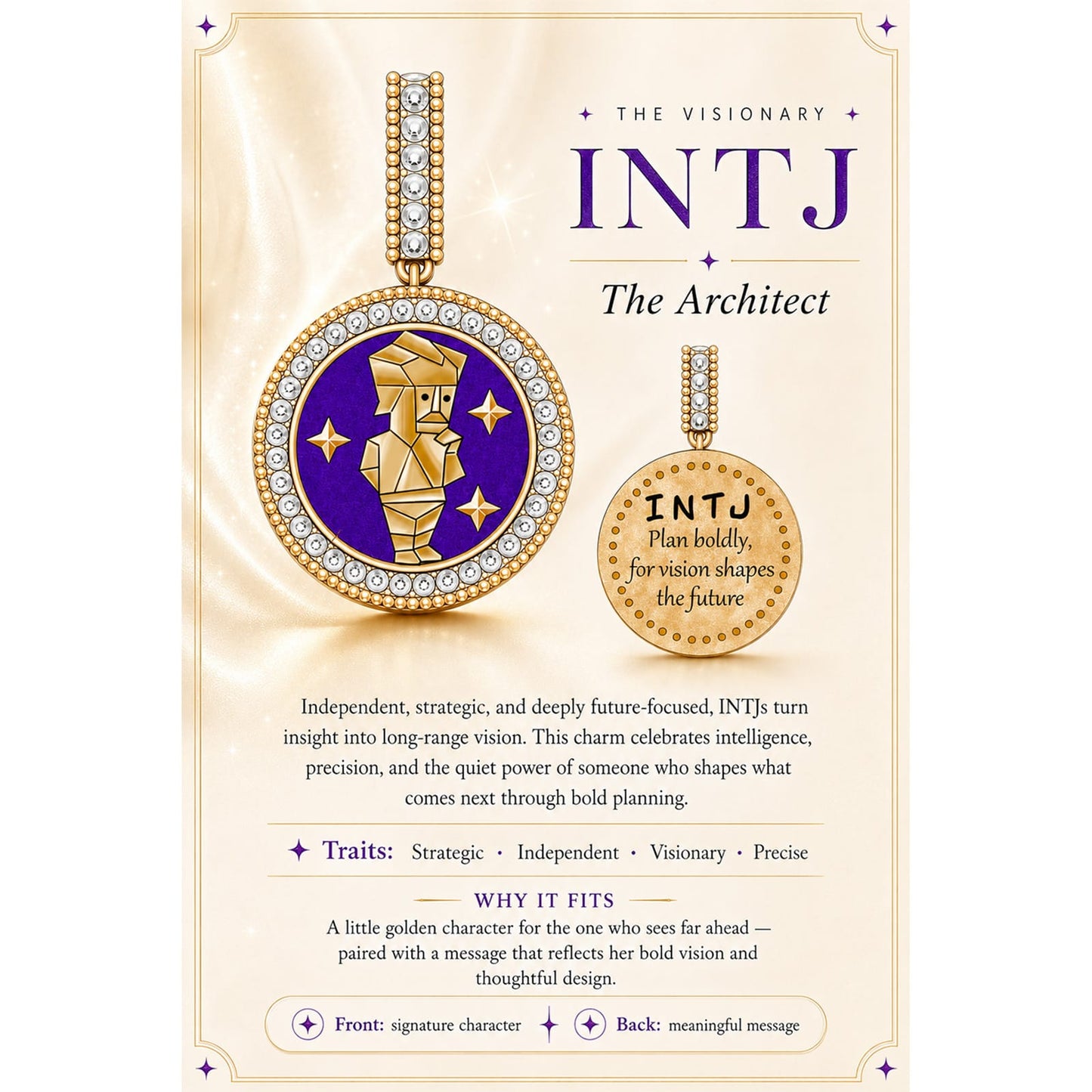 INTJ MBTI Personality Tarnish-Resistant Silver Dangle Charm With Enamel In 14K Gold Plated