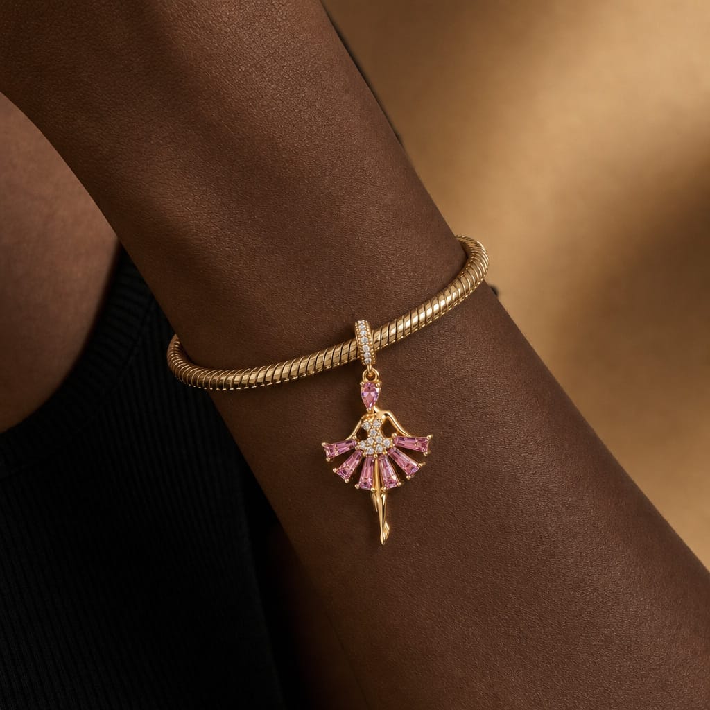 Pink Ballerina Dancer Tarnish-Resistant Silver Charm In 14K Gold Plated