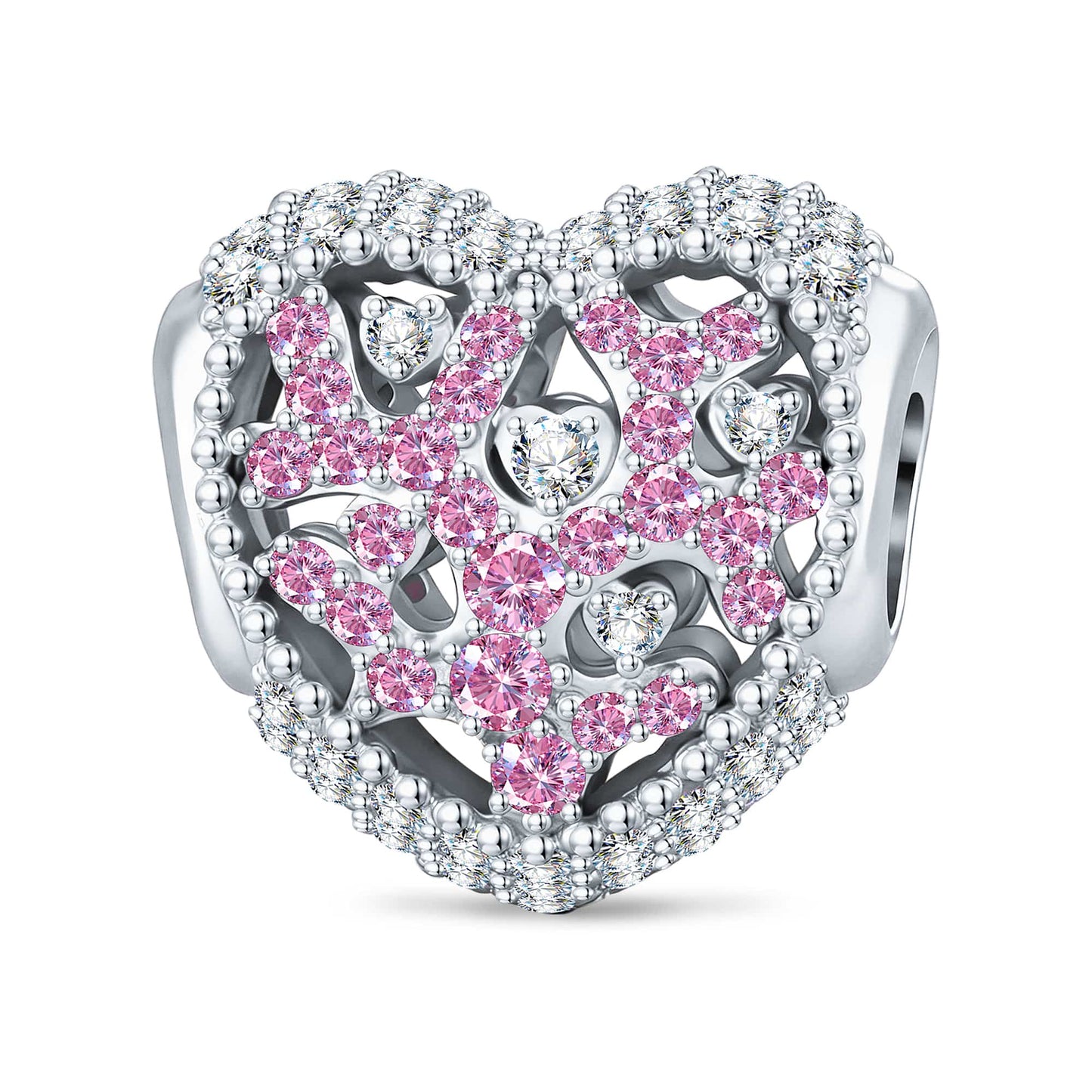 Rainbow Floral & Cluster Pink Crystal Heart Charm Tarnish-Resistant Silver In White Gold Plated
