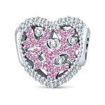 Rainbow Floral & Cluster Pink Crystal Heart Charm Tarnish-Resistant Silver In White Gold Plated