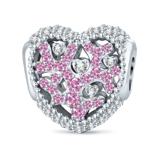 gona- Rainbow Floral & Cluster Pink Crystal Heart Charm Tarnish-Resistant Silver In White Gold Plated