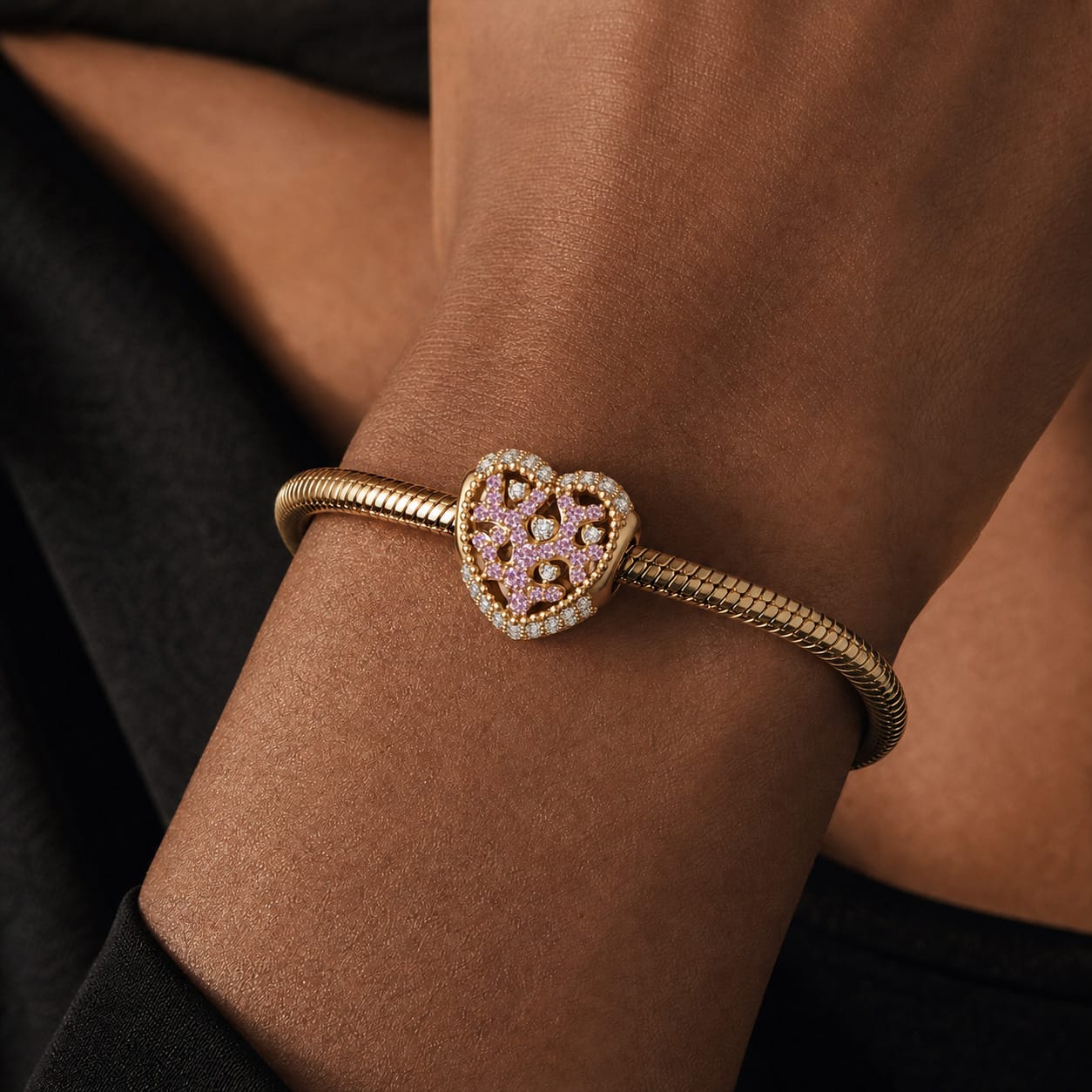 Rainbow Floral & Cluster Pink Heart Charm Tarnish-Resistant Silver In 14K Gold Plated