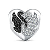 Yin-Yang Black & White Swan Heart Tarnish-Resistant Silver Charm In White Gold Plated