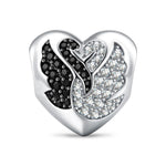 Yin-Yang Black & White Swan Heart Tarnish-Resistant Silver Charm In White Gold Plated