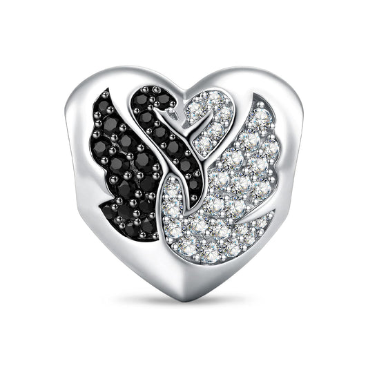 gona- Yin-Yang Black & White Swan Heart Tarnish-Resistant Silver Charm In White Gold Plated