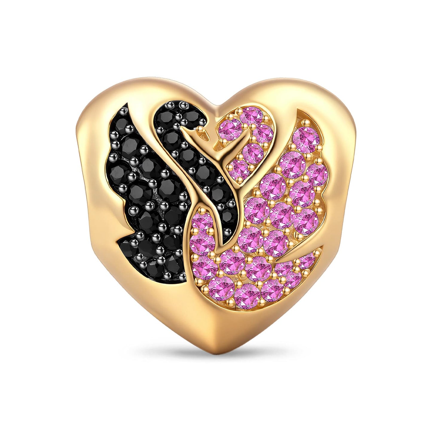 Yin-Yang Black & Pink Swan Heart Tarnish-Resistant Silver Charm In 14K Gold Plated