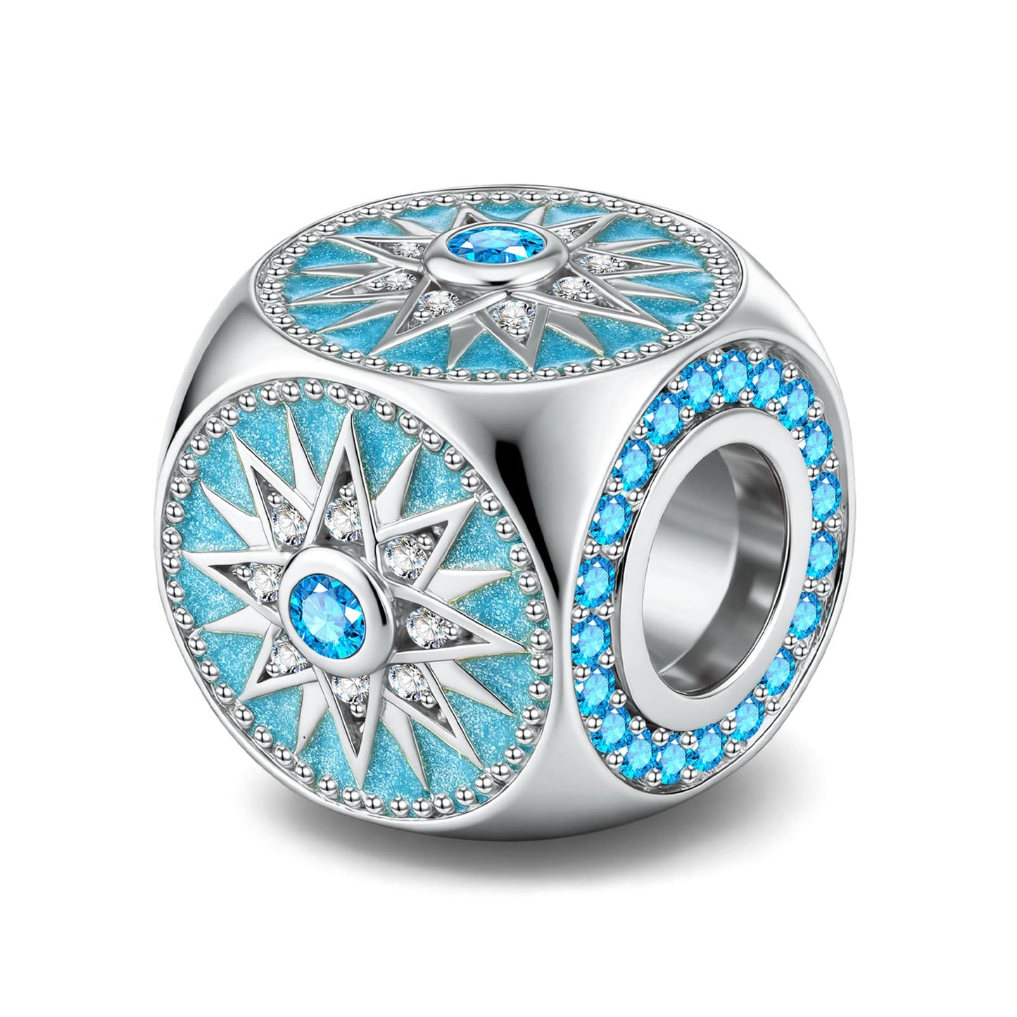 Multi‑Faceted Compass Enamel Bead Charm in Tarnish‑Resistant Silver