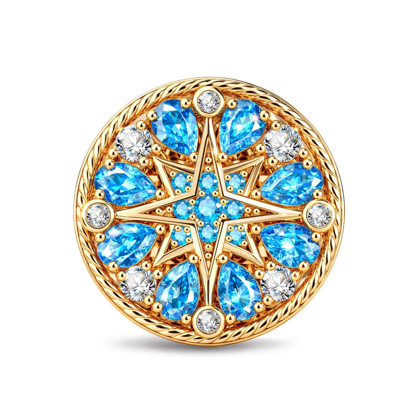 Compass North‑Star Pavé Blue‑Tone Round Dangle Charm in Tarnish‑Resistant Silver