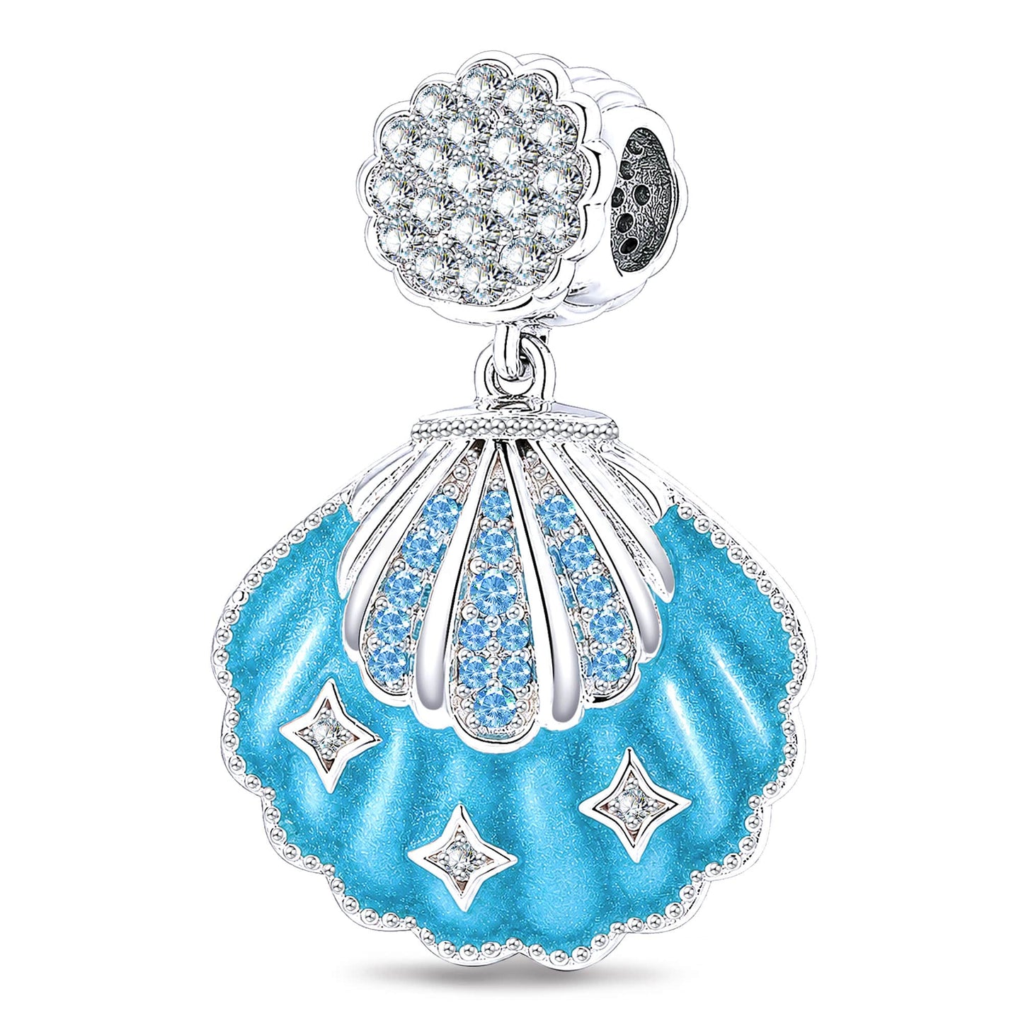 Aqua Scallop Shell Tarnish-Resistant Silver Dangle Charm In White Gold Plated