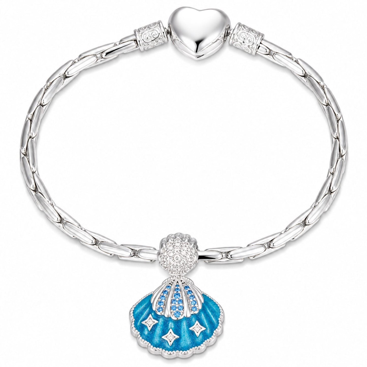 Aqua Scallop Shell Tarnish-Resistant Silver Dangle Charm In White Gold Plated