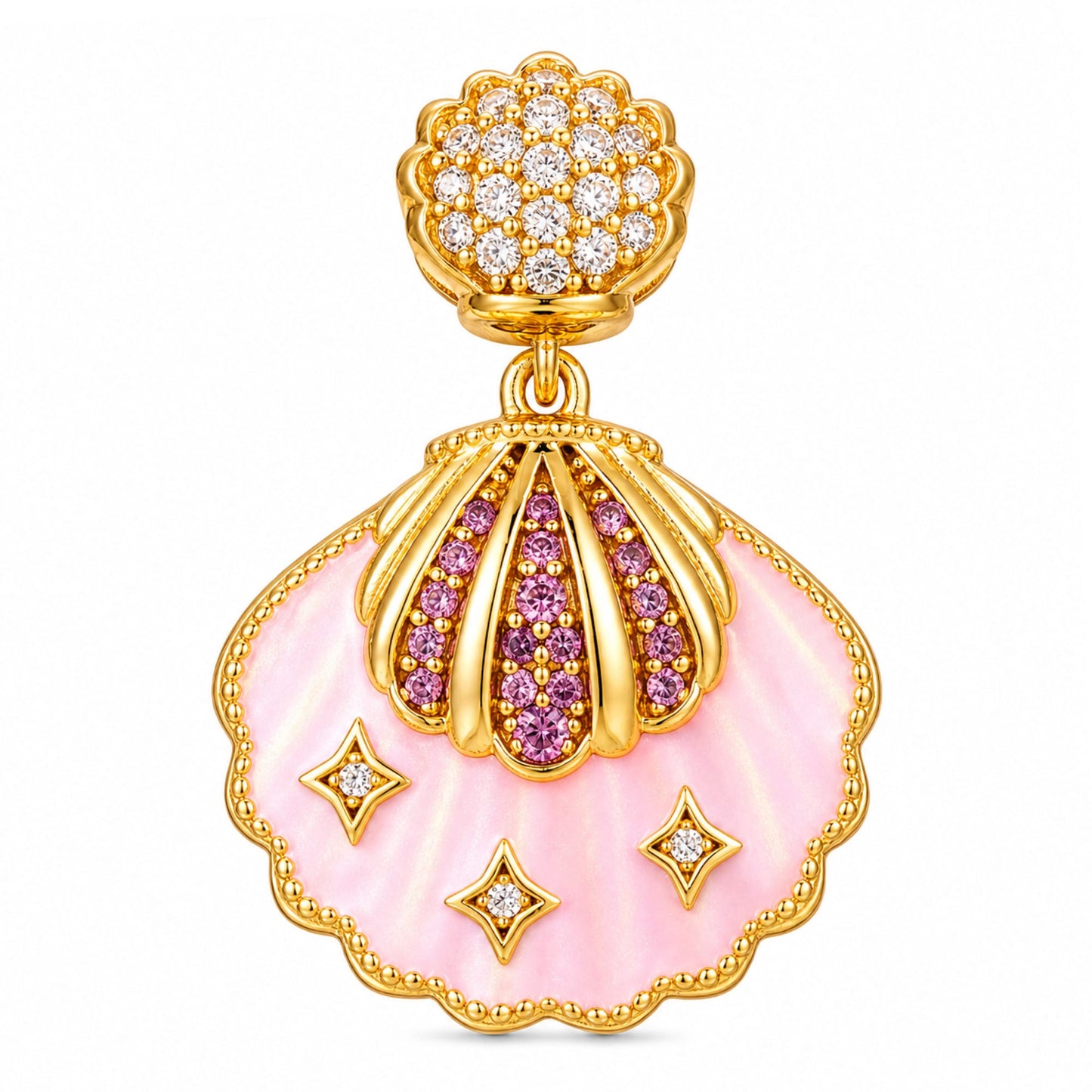 Pink Scallop Shell Tarnish-Resistant Silver Dangle Charm In 14K Gold Plated