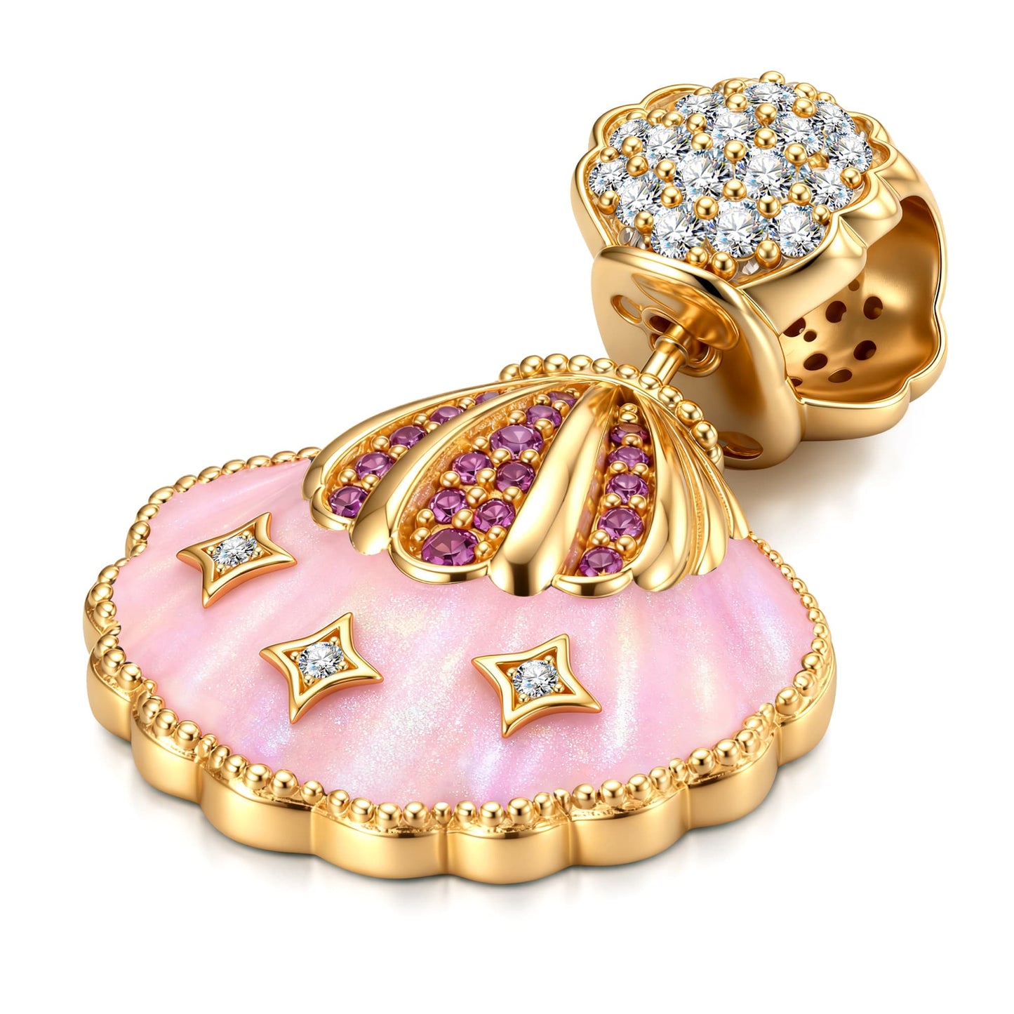 Pink Scallop Shell Tarnish-Resistant Silver Dangle Charm In 14K Gold Plated