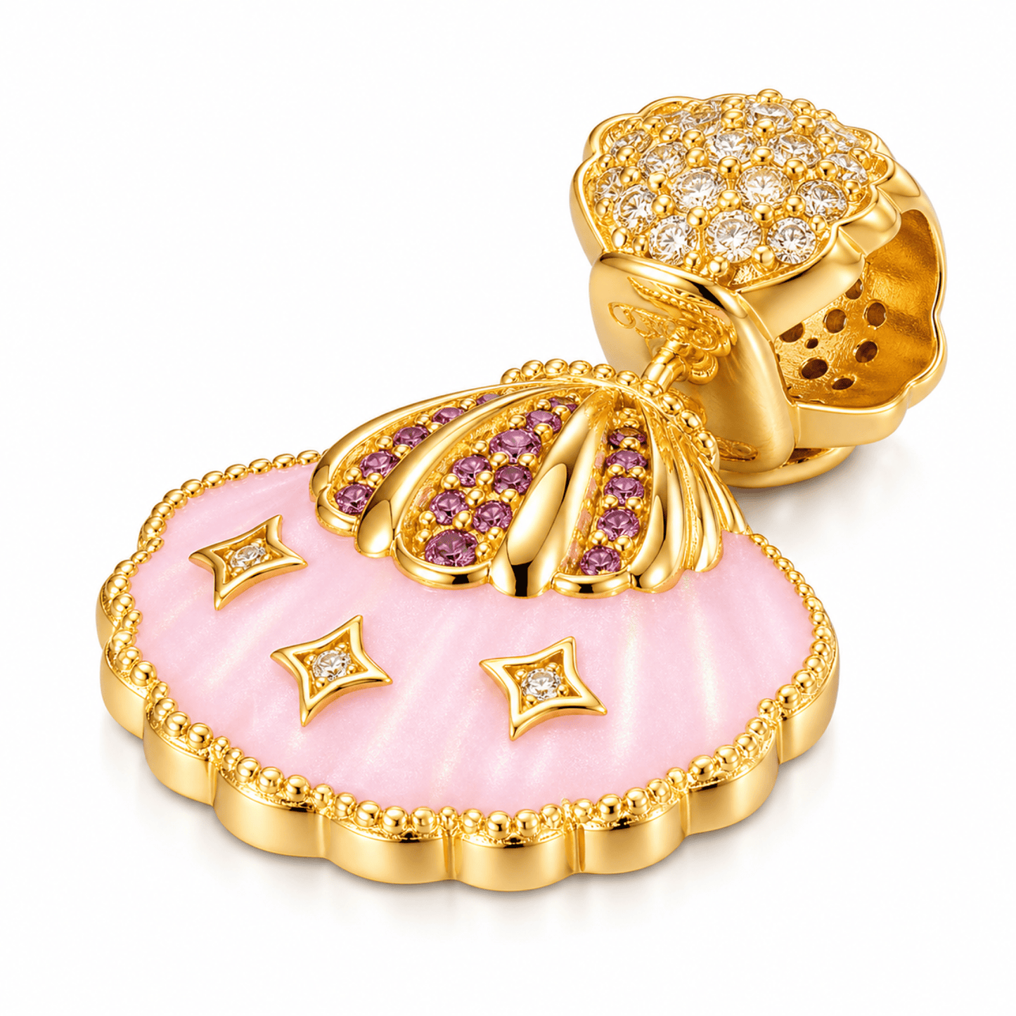 Pink Scallop Shell Tarnish-Resistant Silver Dangle Charm In 14K Gold Plated