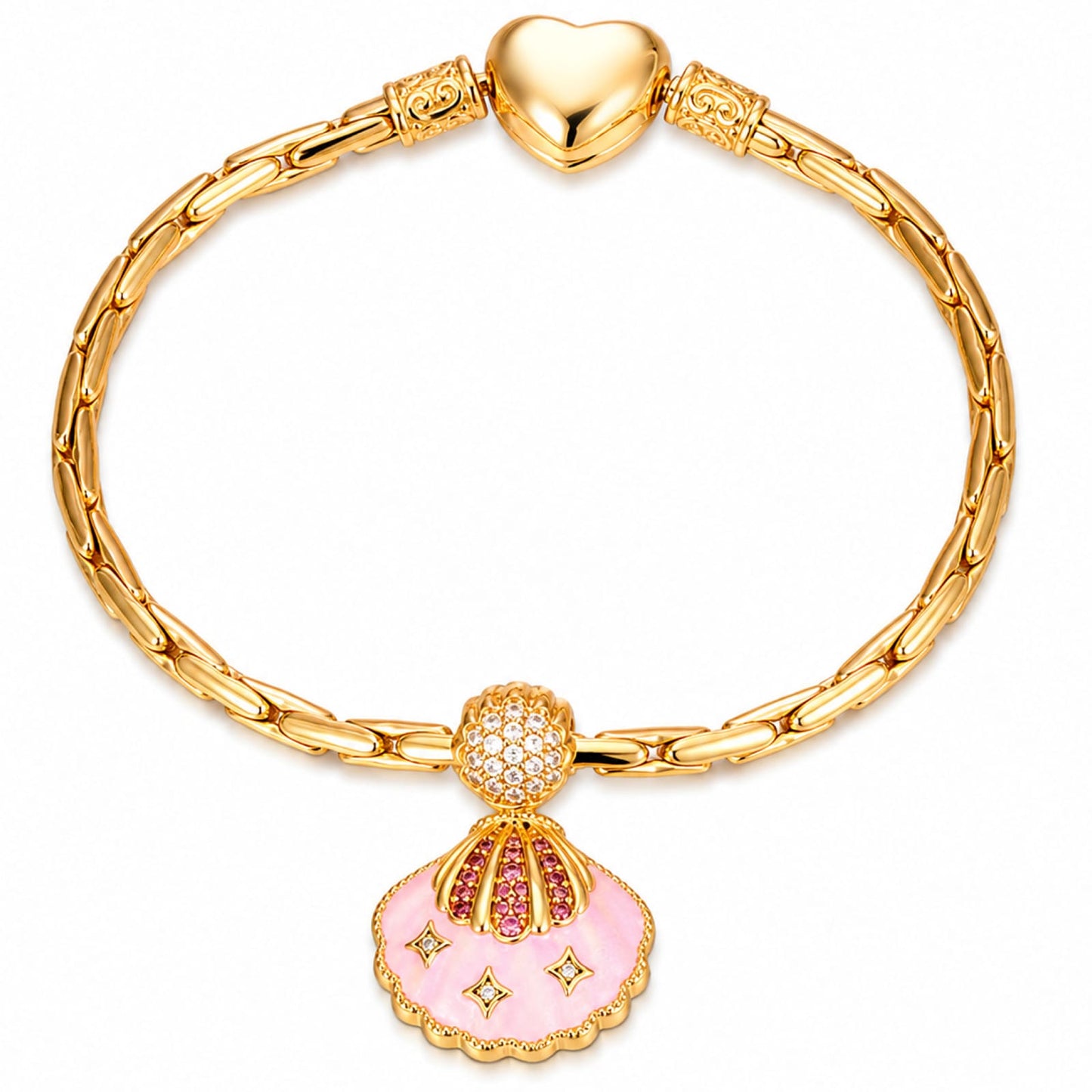 Pink Scallop Shell Tarnish-Resistant Silver Dangle Charm In 14K Gold Plated