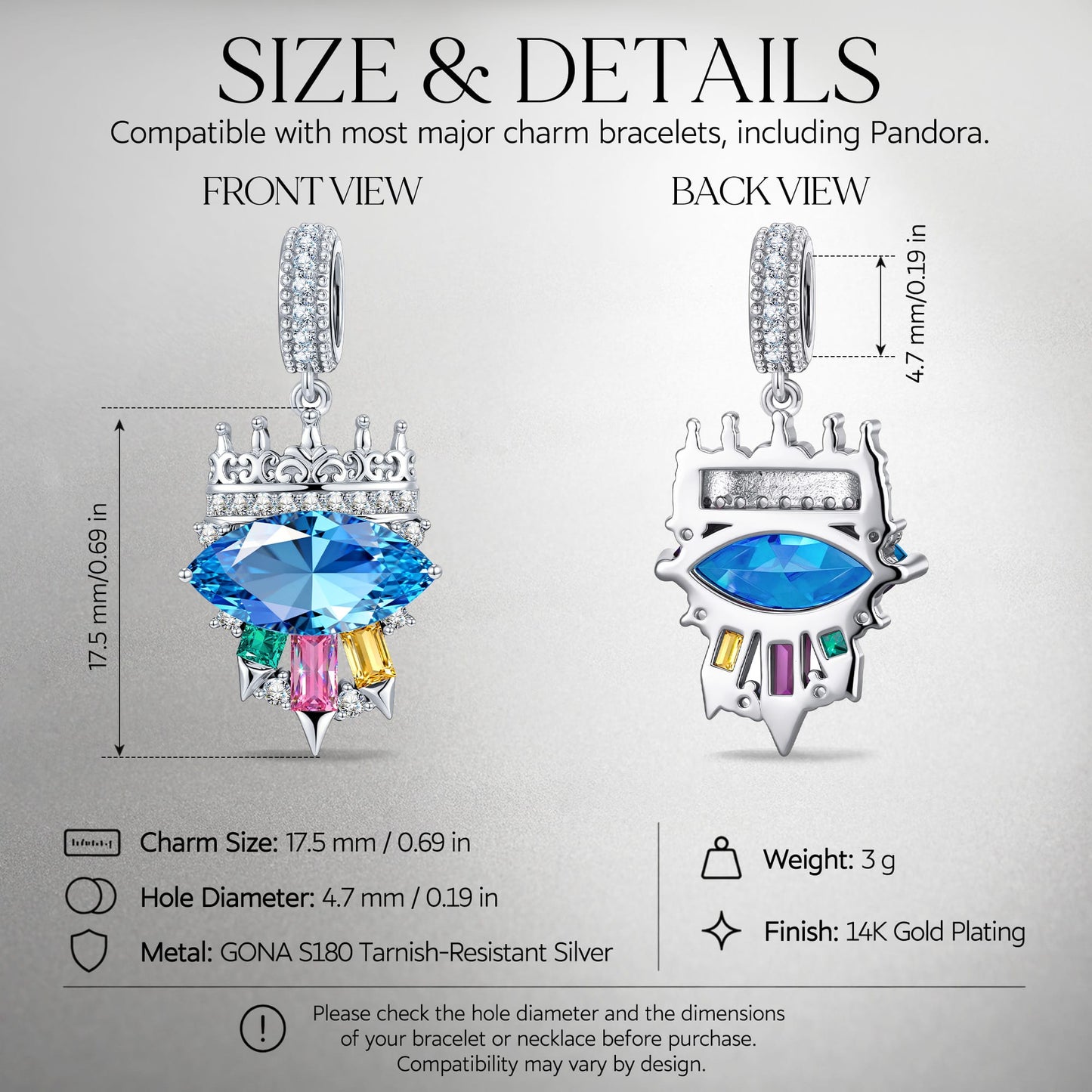 Fable Marquise Blue Crystal Crown Dangle Charm Tarnish-Resistant Silver In White Gold Plated