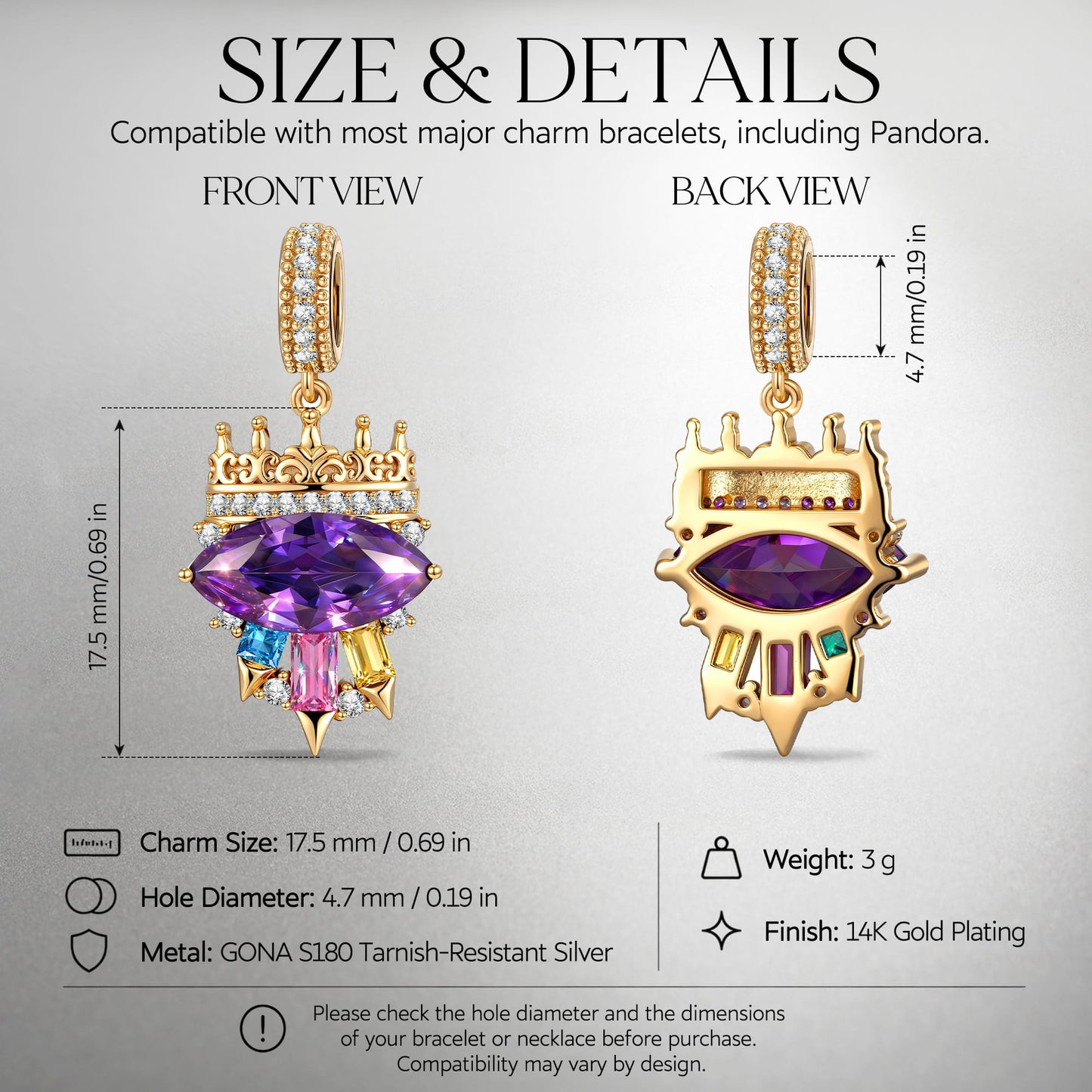 Fable Marquise Purple Crystal Crown Dangle Charm Tarnish-Resistant Silver In 14K Gold Plated