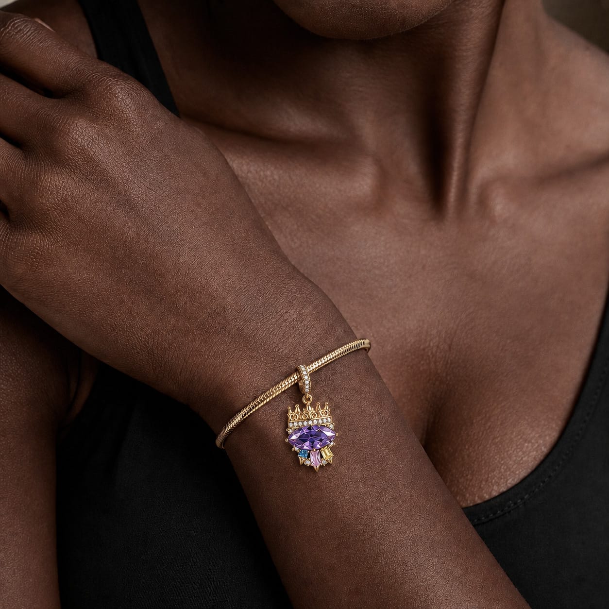 Fable Marquise Purple Crystal Crown Dangle Charm Tarnish-Resistant Silver In 14K Gold Plated