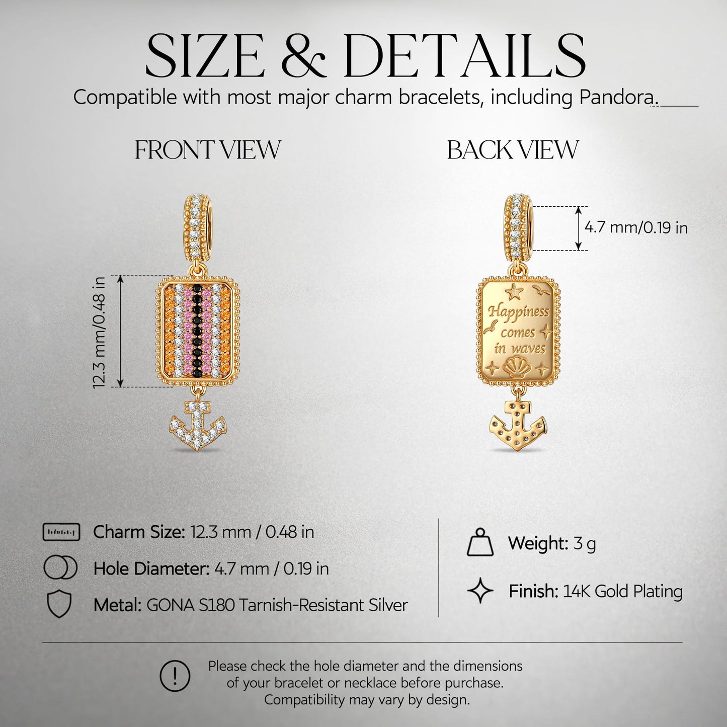 Ocean Tide Maiden Pavé Gemstone Anchor Dangle Charm in Tarnish-Resistant Silver with 14K Gold Plating