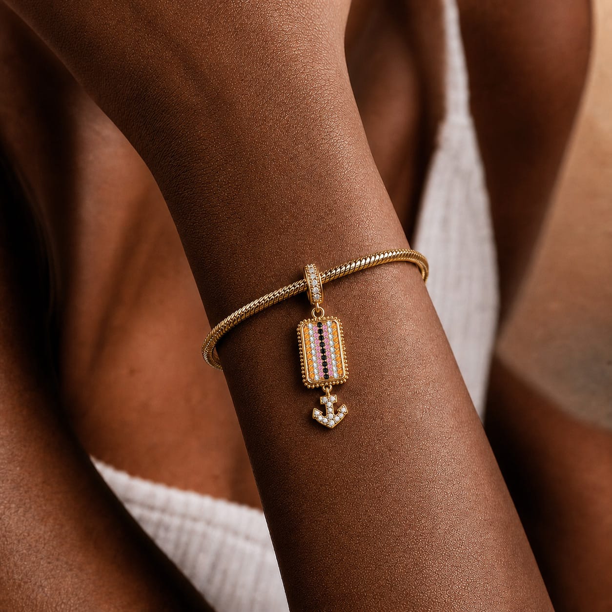 Ocean Tide Maiden Pavé Gemstone Anchor Dangle Charm in Tarnish-Resistant Silver with 14K Gold Plating