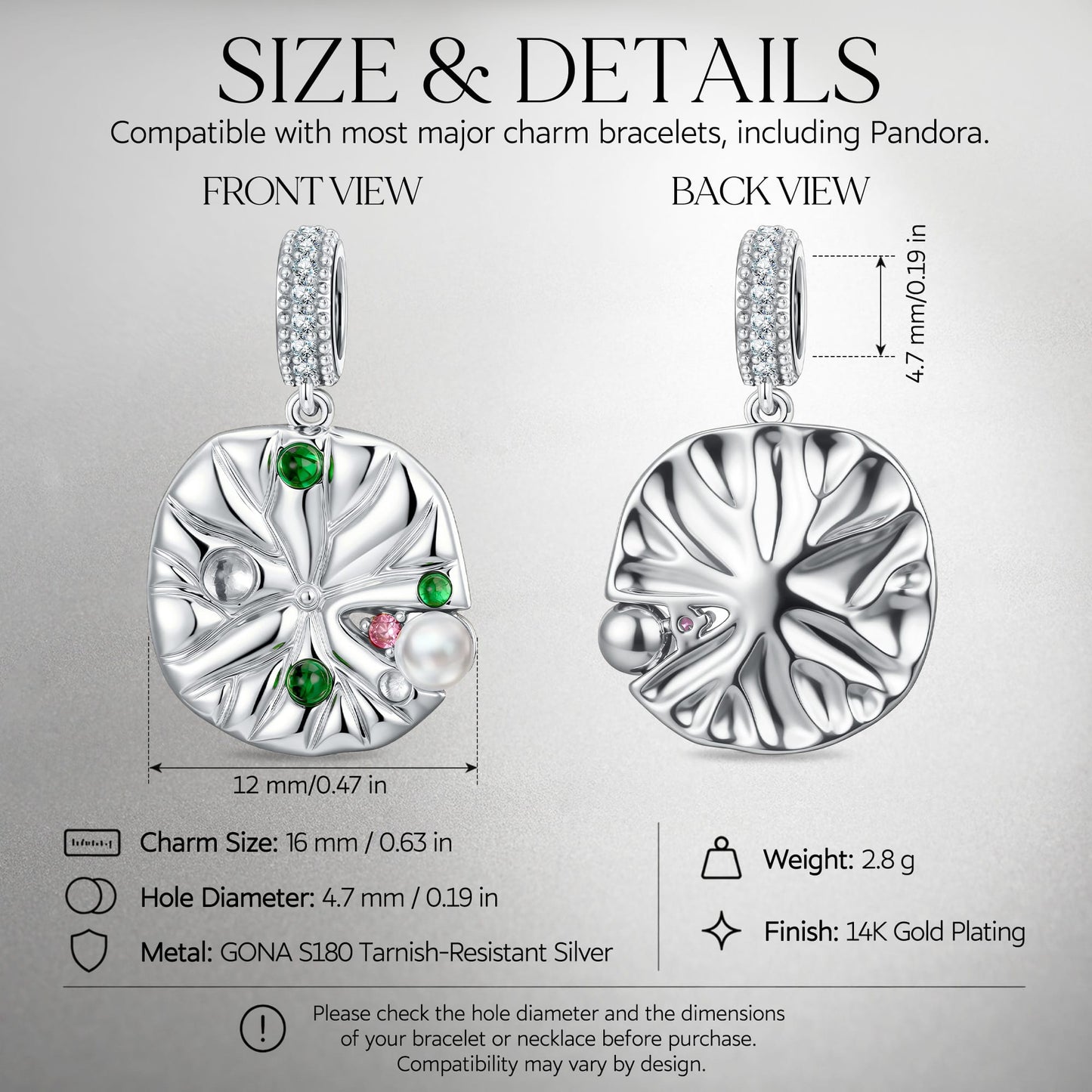 Timeless Fable Lotus Leaf Dewdrop Pearl & Gemstone Dangle Charm in Tarnish-Resistant Silver with White Gold Plating