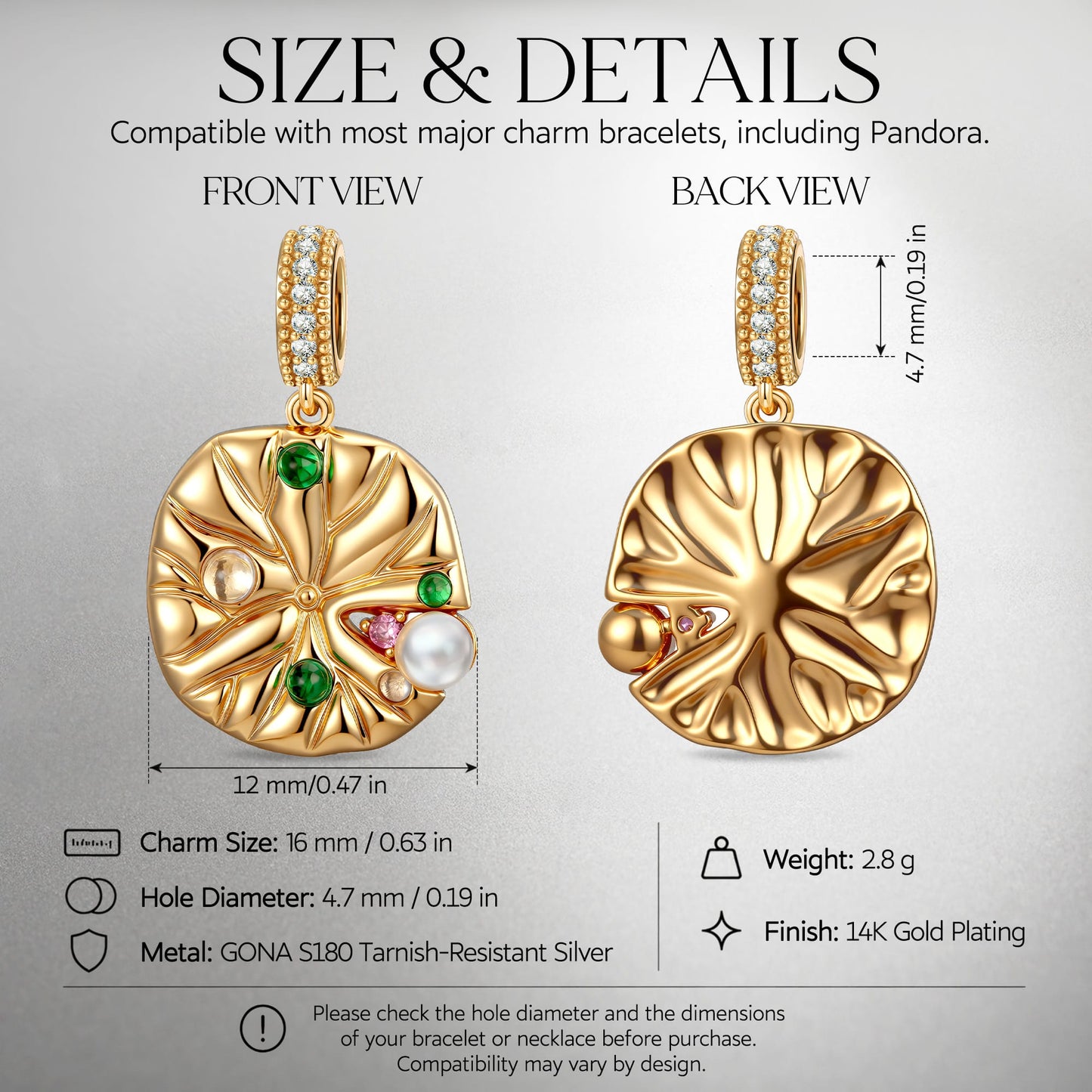 Timeless Fable Lotus Leaf Dewdrop Pearl & Gemstone Dangle Charm in Tarnish-Resistant Silver with 14K Gold Plating