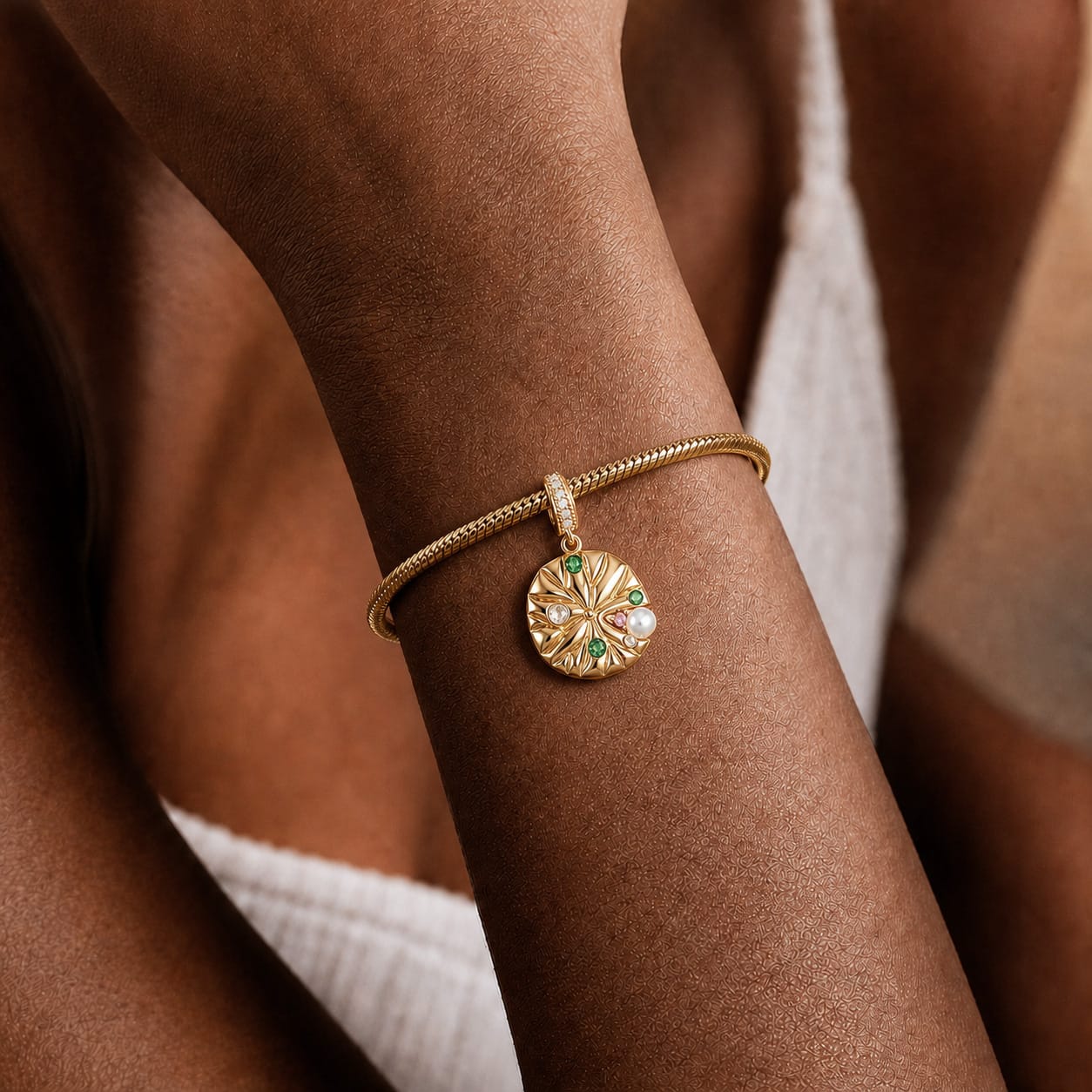 Timeless Fable Lotus Leaf Dewdrop Pearl & Gemstone Dangle Charm in Tarnish-Resistant Silver with 14K Gold Plating