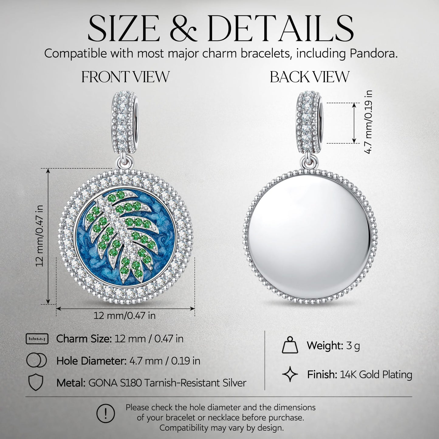 Tropical Lagoon Palm Enamel Dangle Charm in Tarnish-Resistant Silver With Crystal