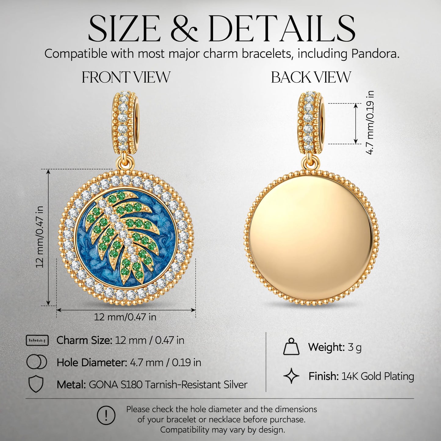 Tropical Lagoon Palm Enamel Dangle Charm in Tarnish-Resistant Silver With Crystal