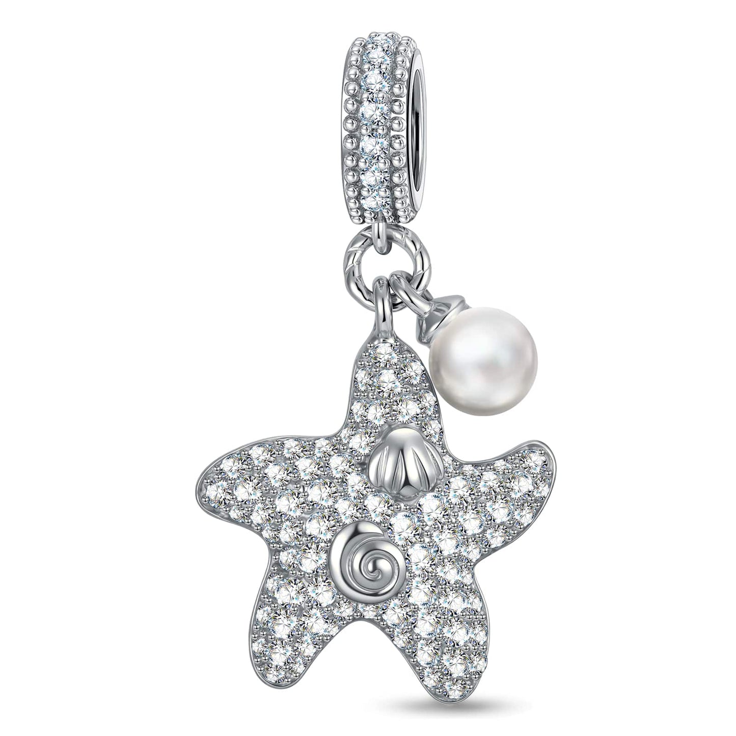 Pearl Tidal Starfish Dangle Charm in Tarnish-Resistant Silver With Crystal