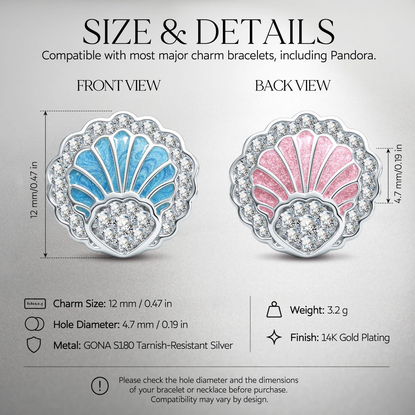 Cove Scallop Shell Charm in Tarnish-Resistant Silver With Crystal In White Gold Plating