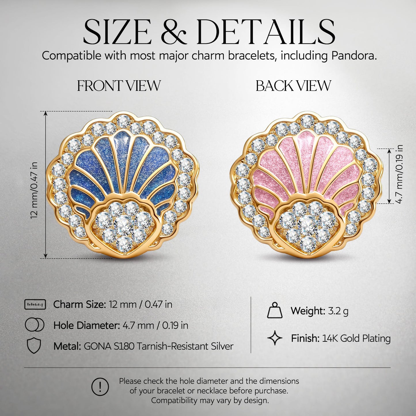 Cove Scallop Shell Charm in Tarnish-Resistant Silver With Crystal In 14K Gold Plating
